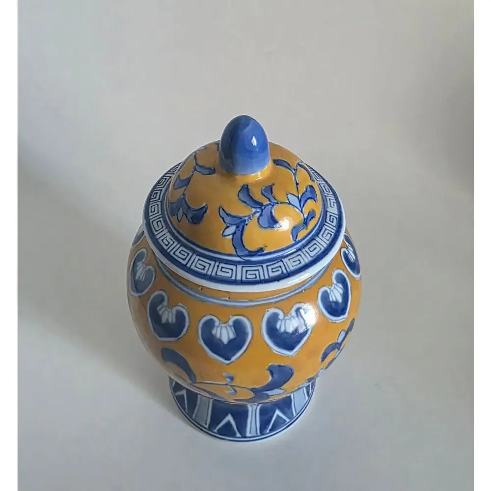 Blue Yellow Ginger Jar Canister with Lid Floral Heart Motif 7.5